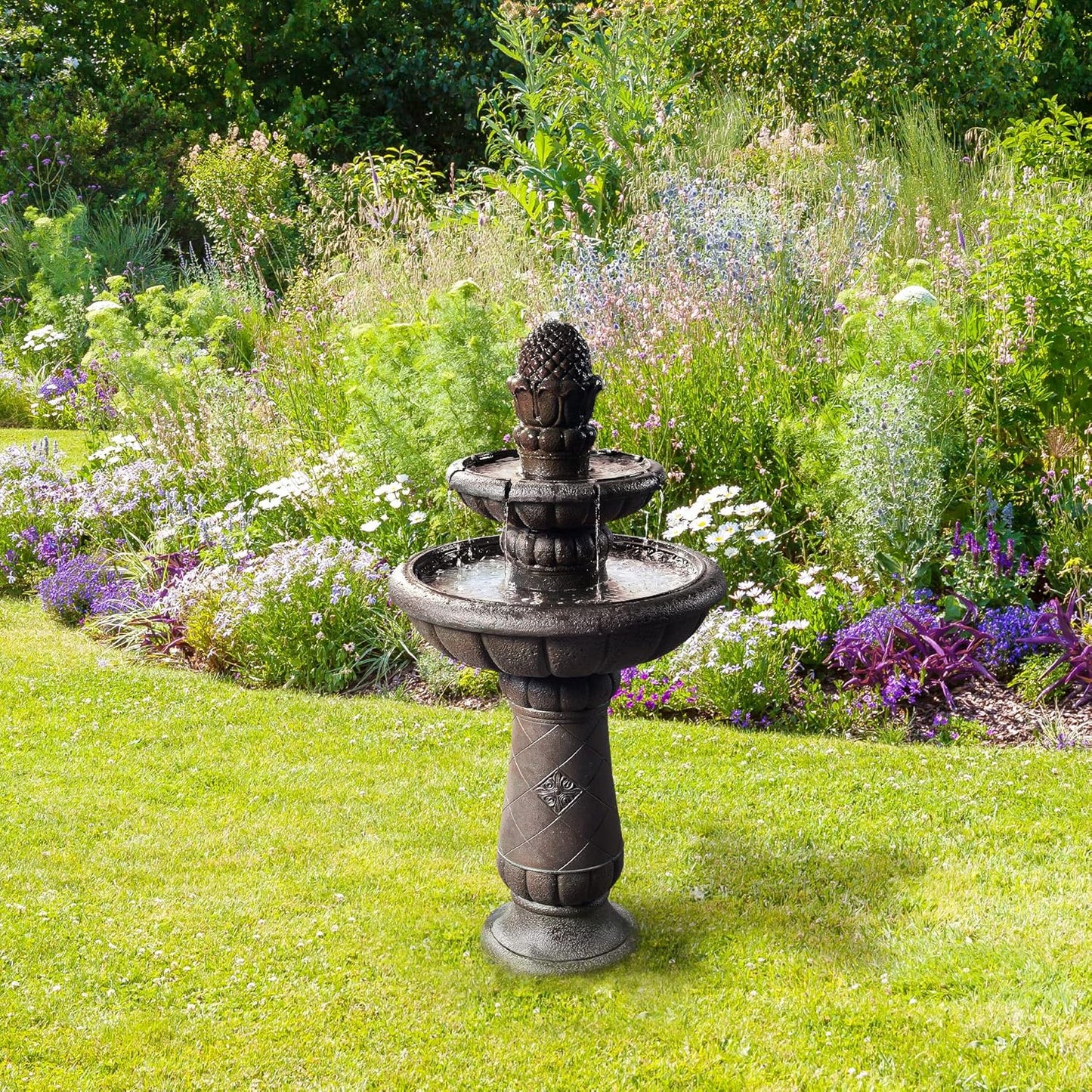Teamson Home Deluxe Pineapple Pedestal 2 Tiered Floor Waterfall Fountain with Pump for Outdoor Patio Garden Backyard Decking, 39 Inch Height, Iron Gray