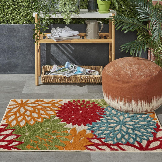 Nourison Aloha Indoor/Outdoor Green 2'8" x 4' Area Rug, Tropical, Botanical, Easy Clean, Non Shedding, Bed Room, Living Room, Dining Room, Deck, Backyard, Patio (3x4)