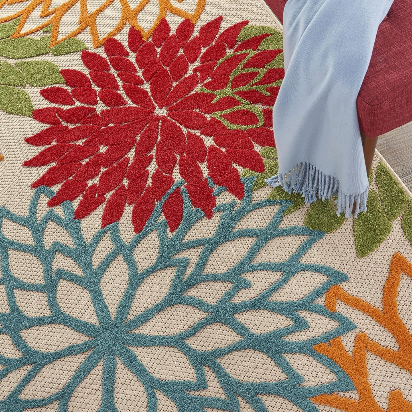 Nourison Aloha Indoor/Outdoor Green 5'3" x 7'5" Area Rug, Tropical, Botanical, Easy Clean, Non Shedding, Bed Room, Living Room, Dining Room, Deck, Backyard, Patio (5x7)