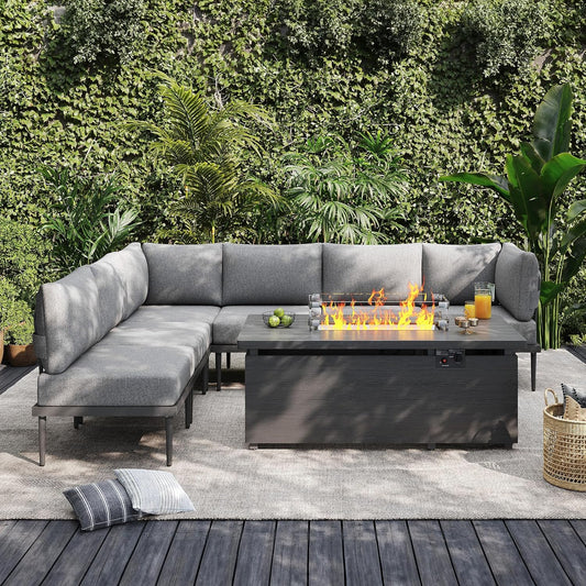 Sundale Outdoor 7 Pieces Metal Patio Furniture Set with Fire Pit Table, Outdoor Sectional Sofa w/6 Inch Olefin Cushion, Modern Outdoor Conversation Sets