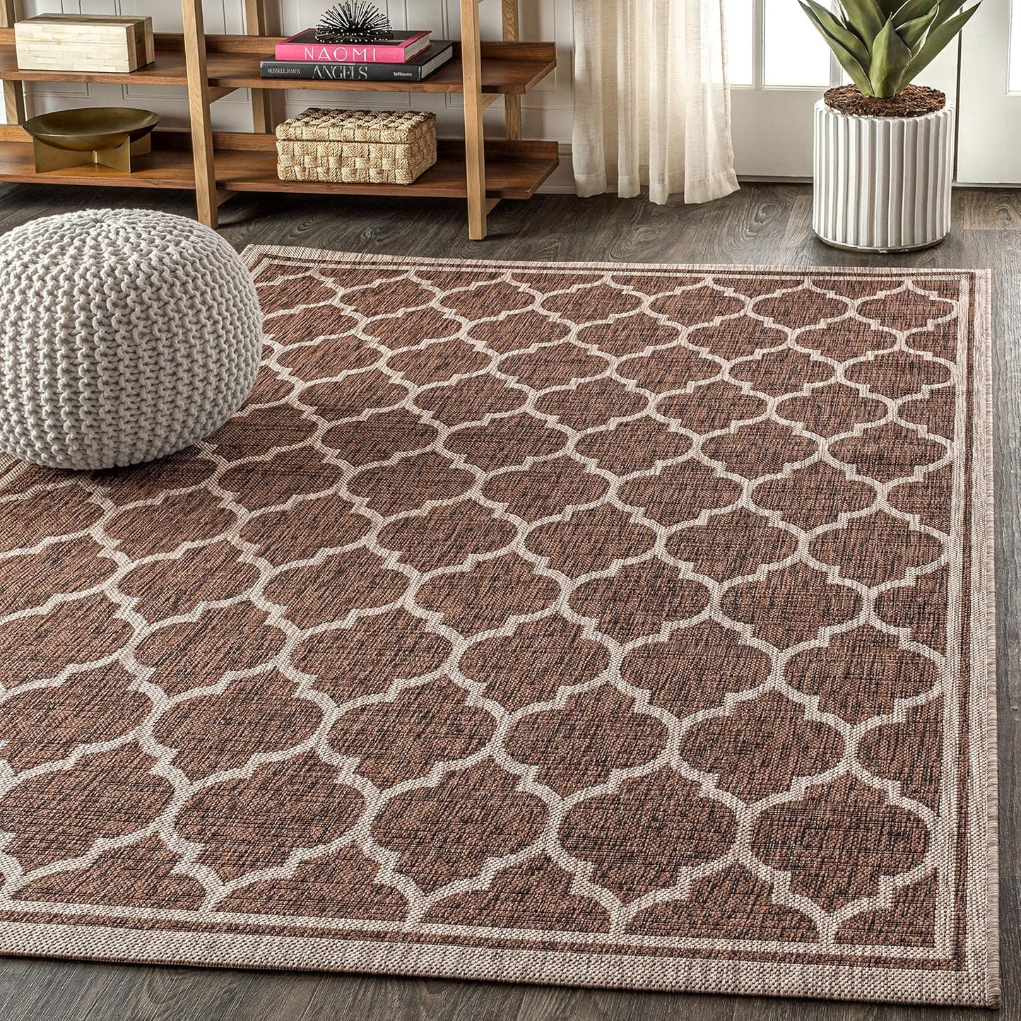 Eyely BMS109B-3 Santa Monica Trebol Moroccan Trellis Textured Weave Indoor/Outdoor Area Rug Coastal;Bohemian, Bedroom, Backyard, Patio, Easy-Cleaning, Non-Shedding, 3 X 5, Espresso/Taupe