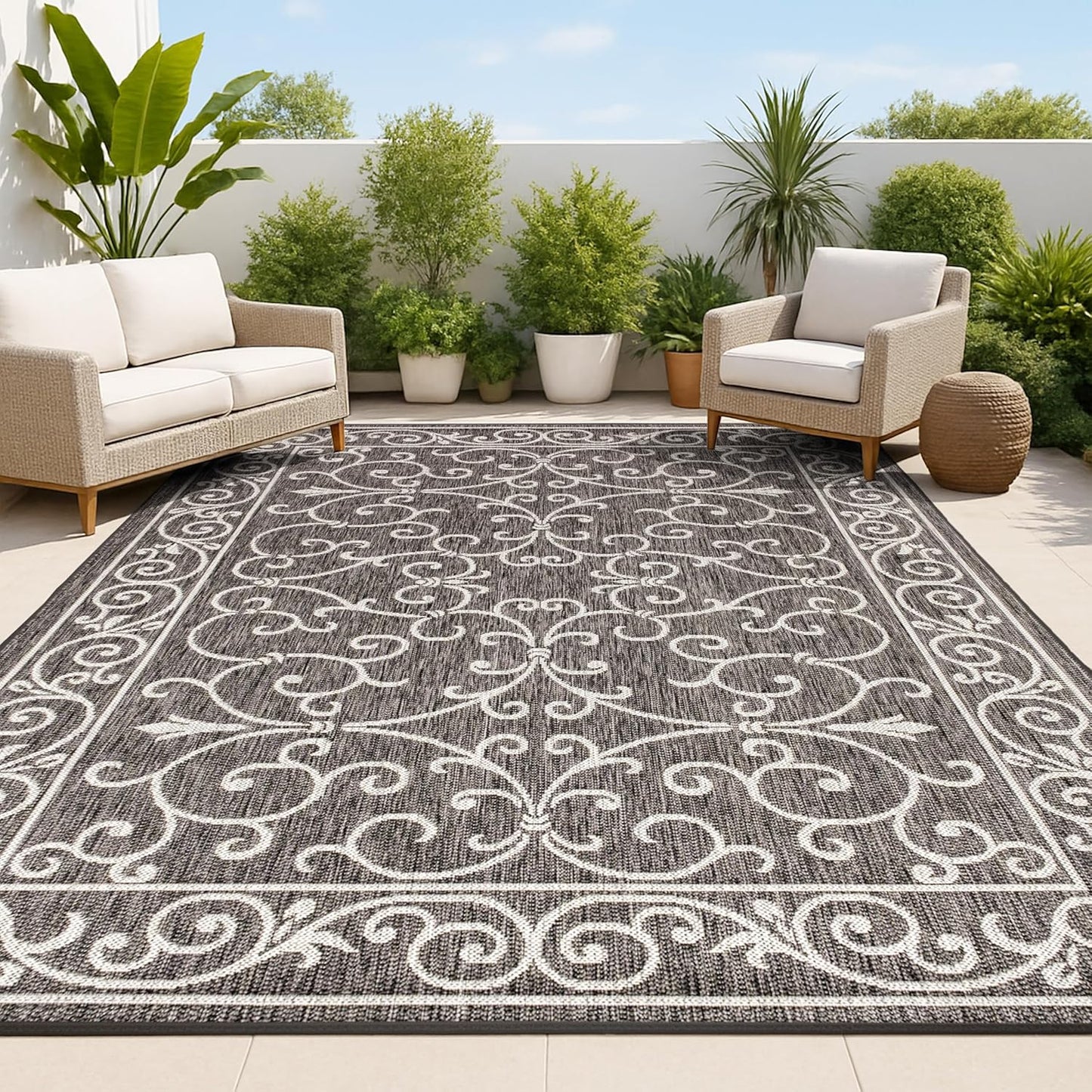 JONATHAN Y SMB106G-3 Charleston Vintage Filigree Textured Weave Indoor Outdoor Rug LivingRoom Backyard,3 X 5,Black/Gray