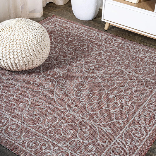 JONATHAN Y SMB106B-5SQ Charleston Vintage Filigree Textured Weave Indoor Outdoor Area Rug Classic Coastal Easy Cleaning Bedroom Kitchen Backyard Patio Non Shedding, 5' Square, Red/Beige